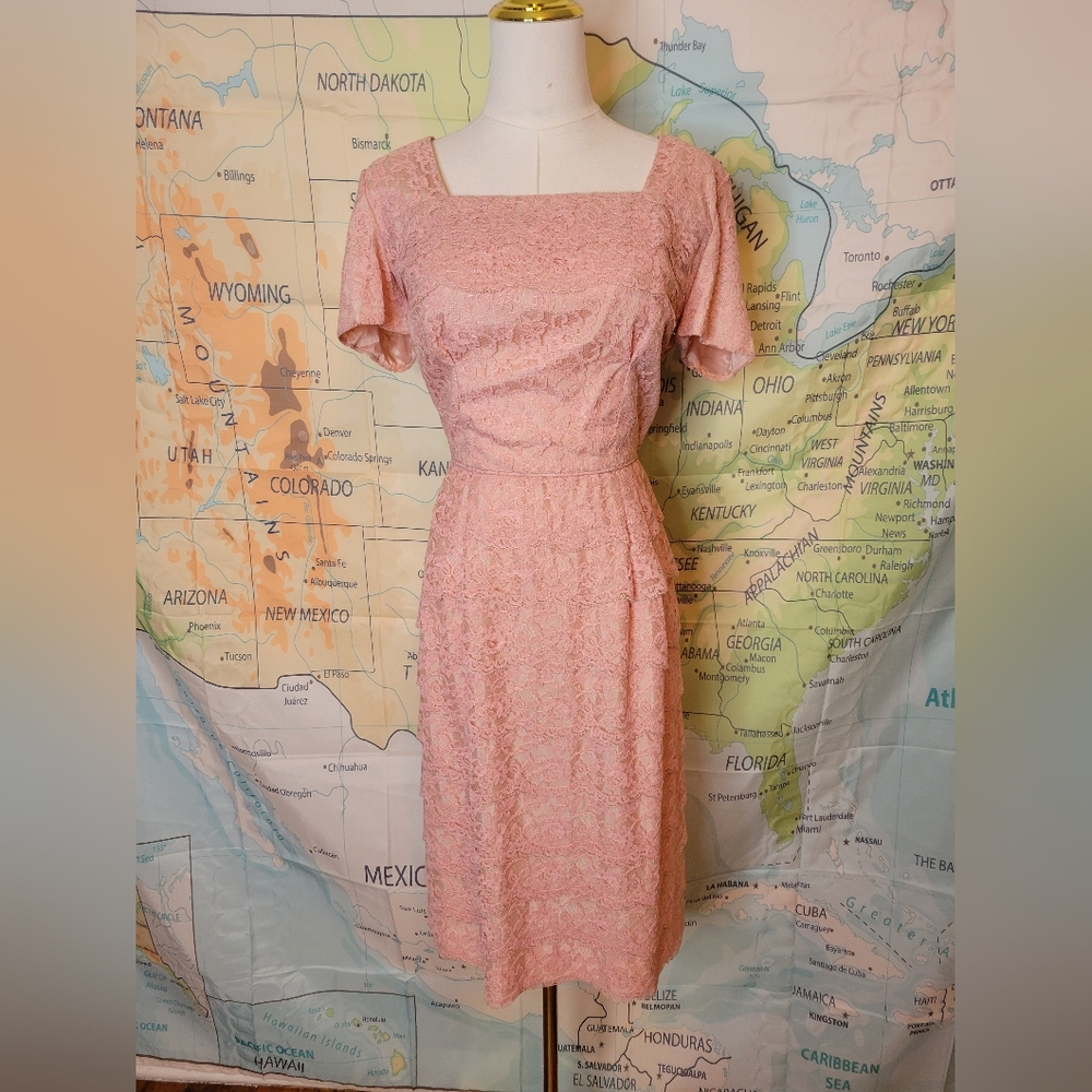 Vintage 1950s Pink Lace Cocktail Dress By Form Fit New York Knee Lenght